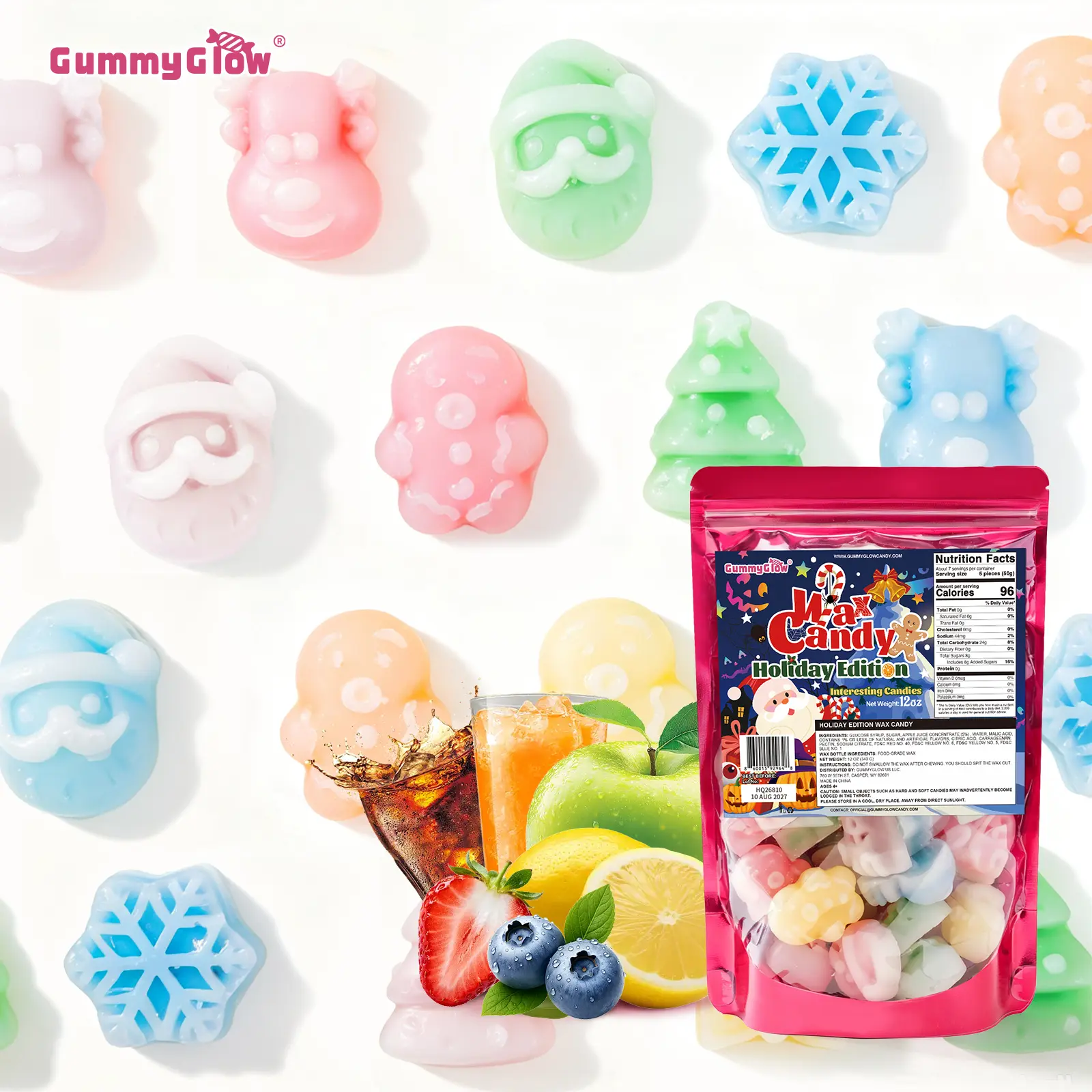 Christmas Edition Wax Candy, 12oz Pack - New Flavor Liquid, New Shapes, Retro ASMR Bonbon Snack, Viral TikTok Trend Treat, Colorful Festive Party Snack, Variety Fruit Gummy Glow Halloween Candy