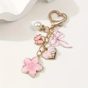 Elegant Floral Butterfly Enamel Keychain, Heart Cutout, Soft Lavender Layered Flower Design, Women's Jewelry Gift, Heart Shaped Keychain