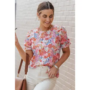Multicolor Mix Floral Pattern Bubble Sleeve Blouse