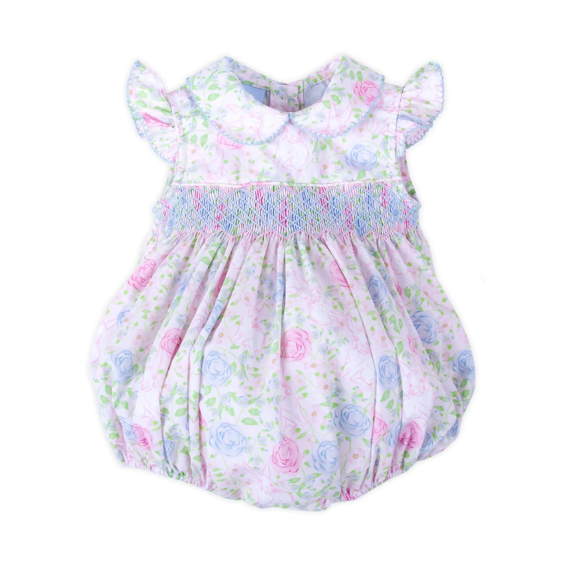 Bunny Floral Smocked Collared Bubble - Sweet Baby Girls Easter Outfit