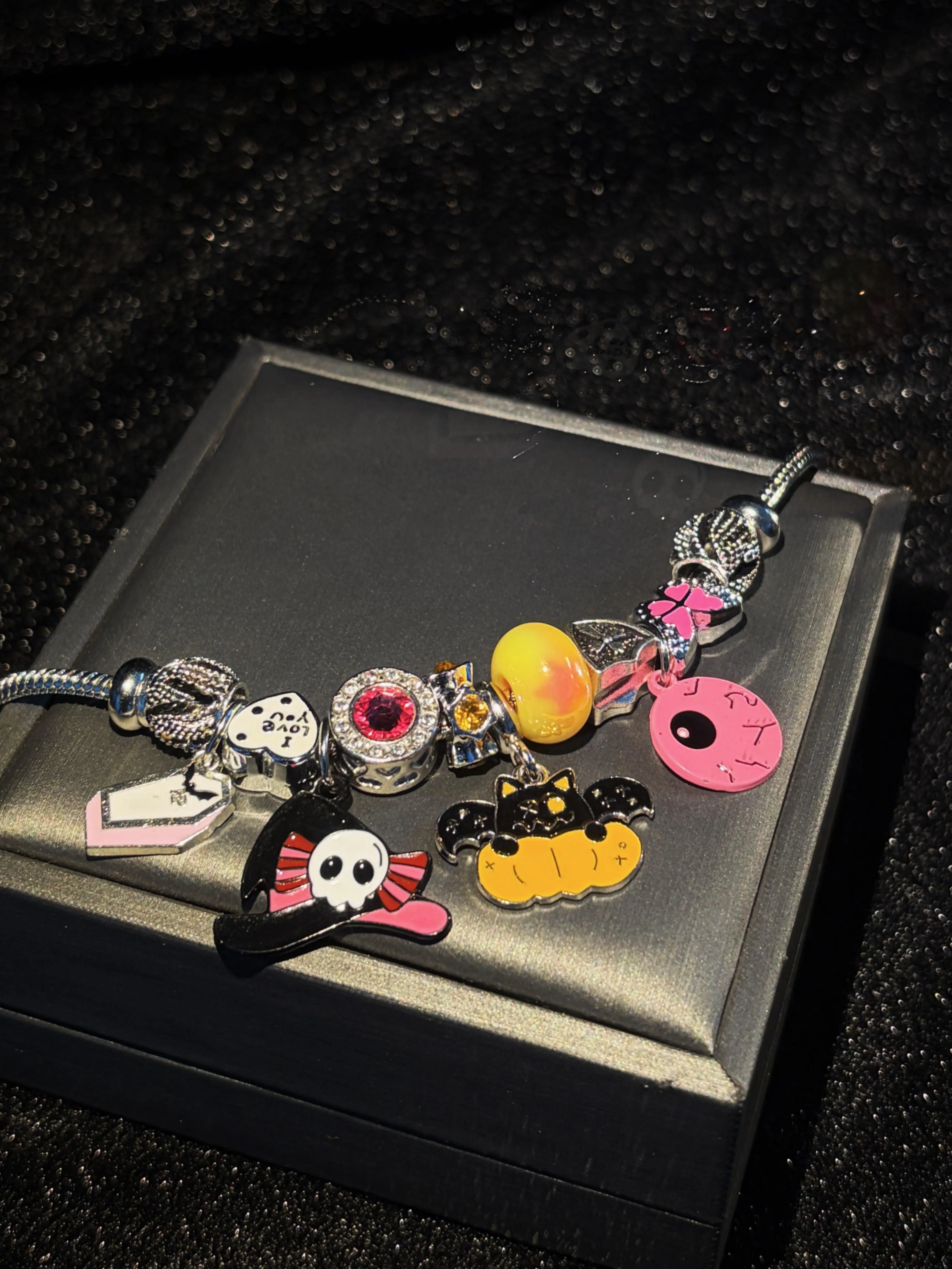 Women's Spooky Cute Halloween Charm Bracelet - Silver-Tone Snake Chain with Pirate Skull, Bat-Pumpkin, Voodoo Doll Enamel Dangles, Pave Crystal Large Hole Beads - Costume Party Jewelry Gift