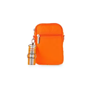 Casey Crush Cellphone Bag - FINAL SALE Orange Puffer with Silver White Stripe Strap Neoprene Material Compact Crossbody Style with Credit Card Slots