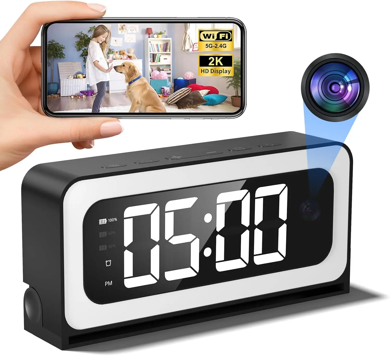 2K Alarm Clock Camera,5G&2.4G WiFi Wireless Indoor Camera Clock,Cameras for Home Security,AI Human Detection,Color Night Vision for Home,pet Camera