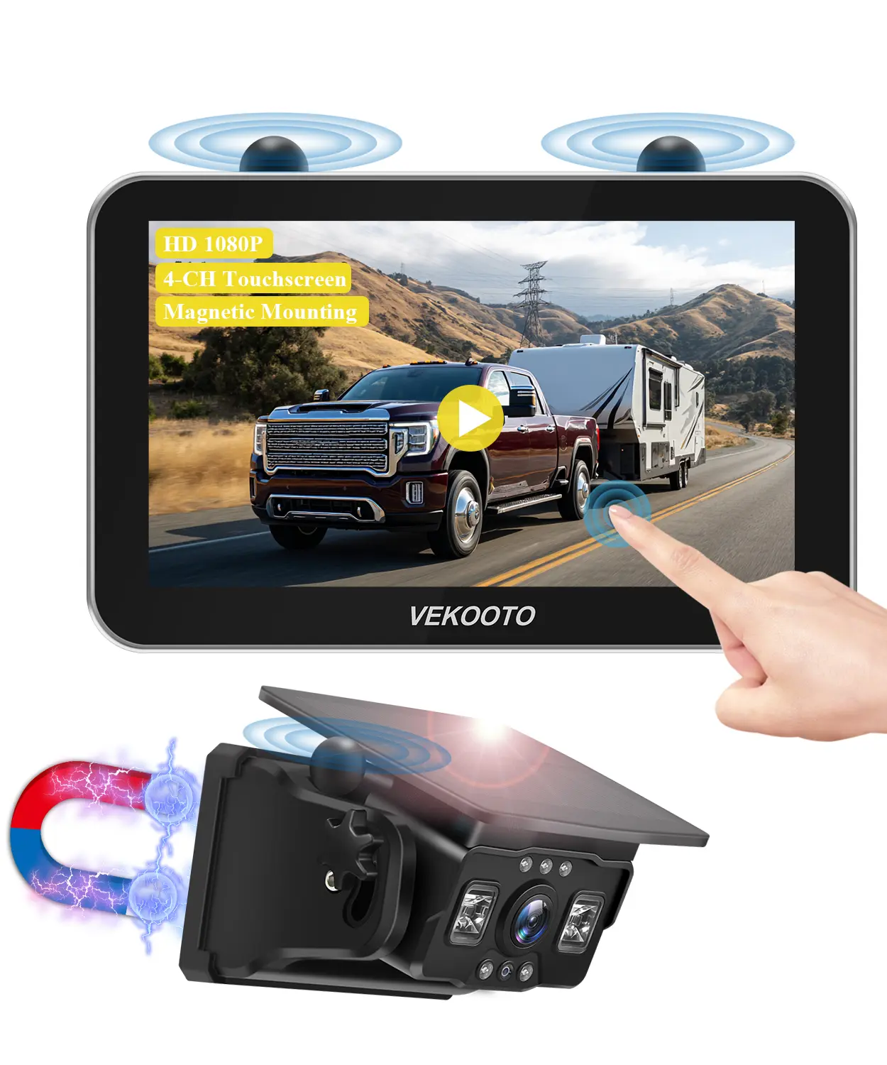 VEKOOTO VK7 Pro Magnetic Mount Solar Wireless Backup Rearview Camera - 7-Inch Touchscreen, 1080p Video, Night Vision, Camper-Compatible, Rechargeable Batteries, Solar Charge, Plug & Play, Backup Safety