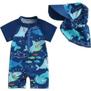 Toddler Boys Rash Guard Swimsuit Sea World Animal Print Zipper Short Sleeve Bathing Suit with Swim Cap for Kids