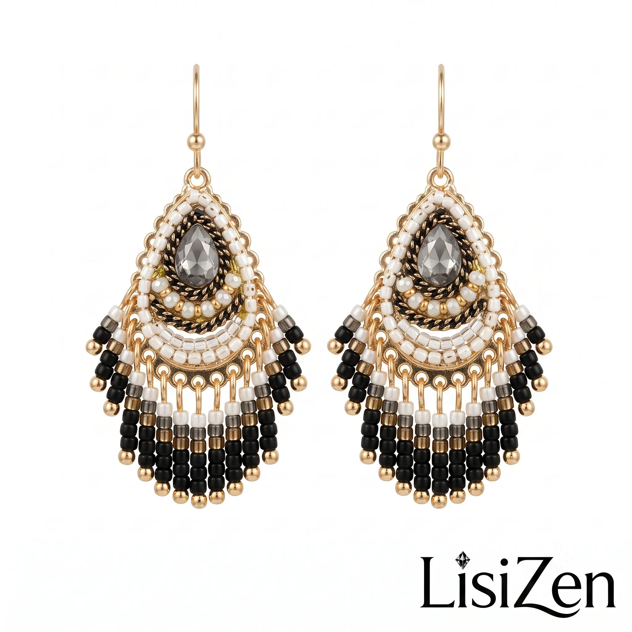 LisiZen 2026 Bohemian Vintage Handmade Crystal Hook Earrings - 1 Pair Ethnic Layered Dangle Jewelry for Adults, All Seasons Accessory DZEH6136, Choking Hazard Small Parts