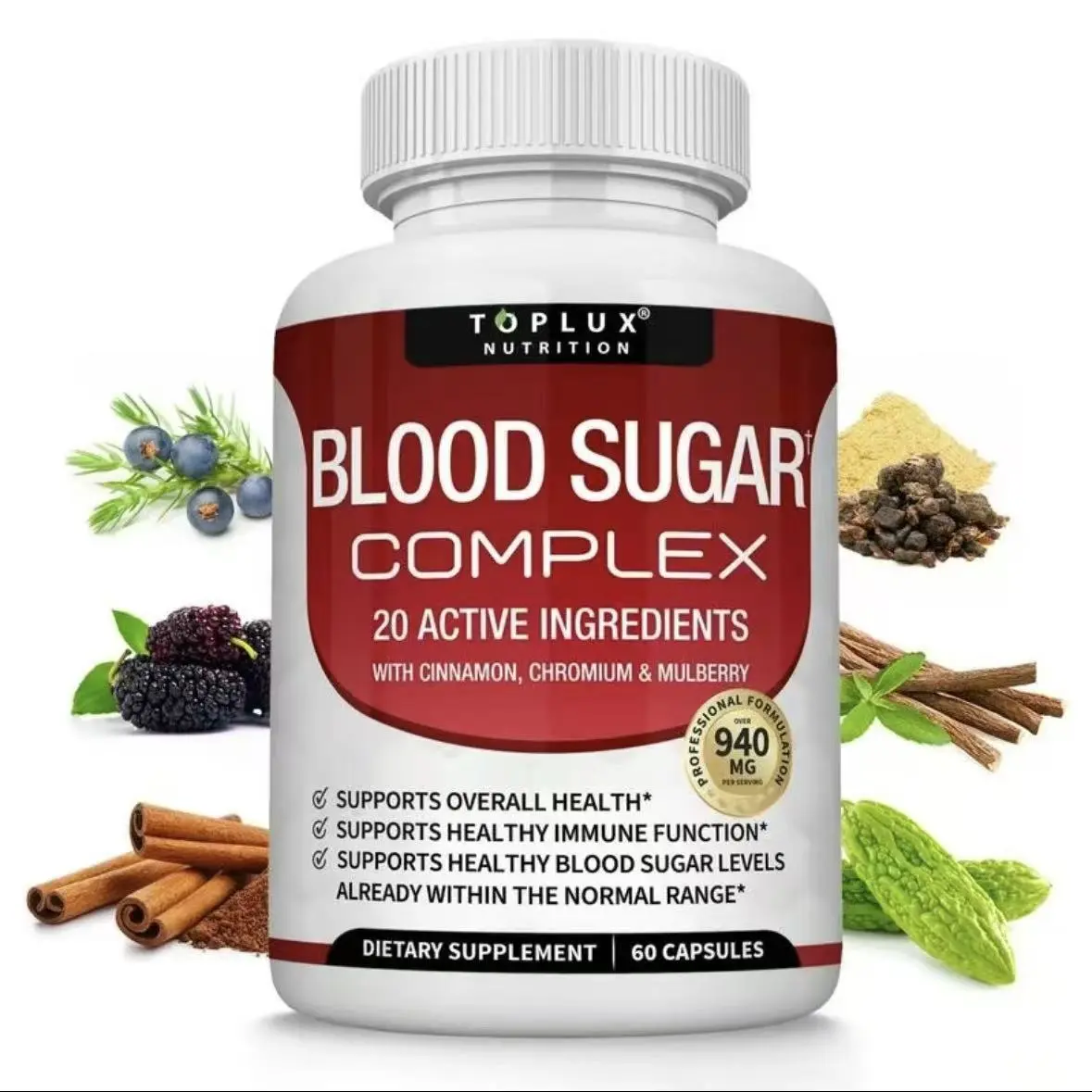 Toplux Blood Sugar Complex 20 Active Ingredients with Cinnamon, Chromium & Maltberry - 60 Capsules for Supporting Overall Health and Blood Sugar Levels - Fitness, Healthcare