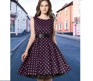 Women's Dress Retro Vintage Swing 1950's Short Sleeve Black Pink Polkadots Print Dress