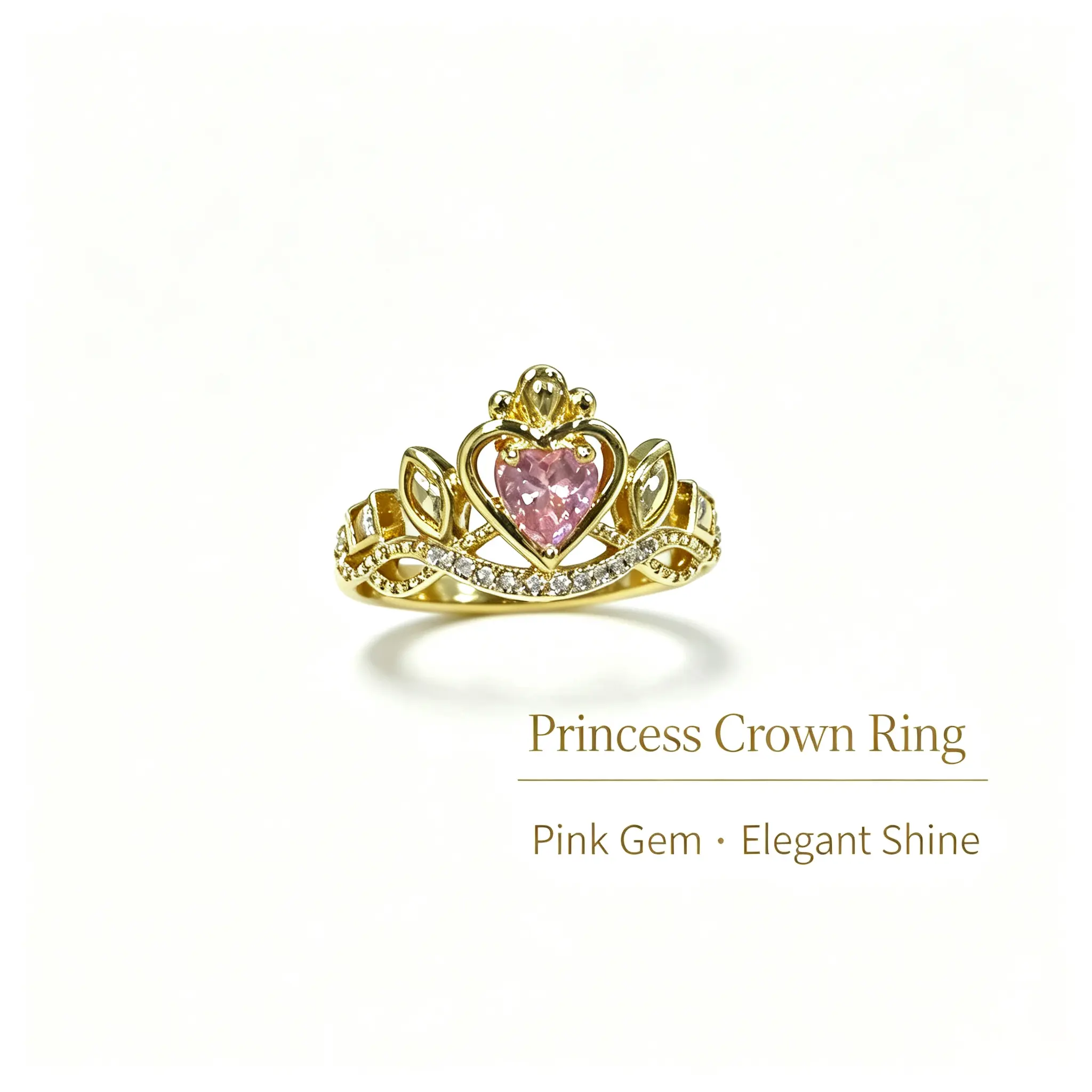 #JY Vintage Pink Heart Crystal Queen Crown Ring, Shiny Cubic Zirconia Open Adjustable Gold Ring, Romantic Gift for Girlfriend, Wedding Party Daily Wear, Crown Pattern