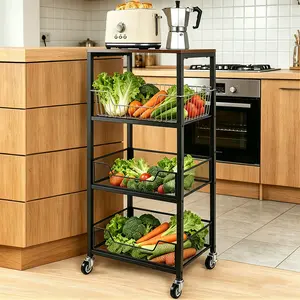 3-Tier Rolling Fruit & Veggie Basket Stand – Sturdy Wood Top, Mobile Utility Cart for Kitchen, Pantry, Office & Bathroom