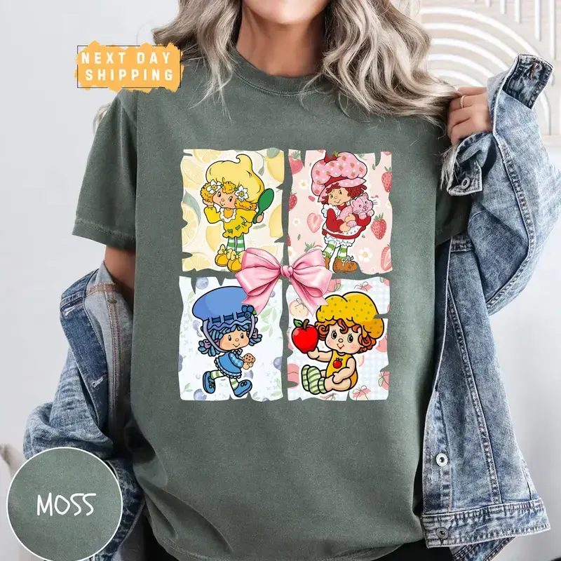 Comfort Colors Cartoon Friends Nostalgia T-Shirt, 80's Cartoon Characters Rainbow Shirt, Care Bears And Strawberry Tee, Womenswear Cotton Top