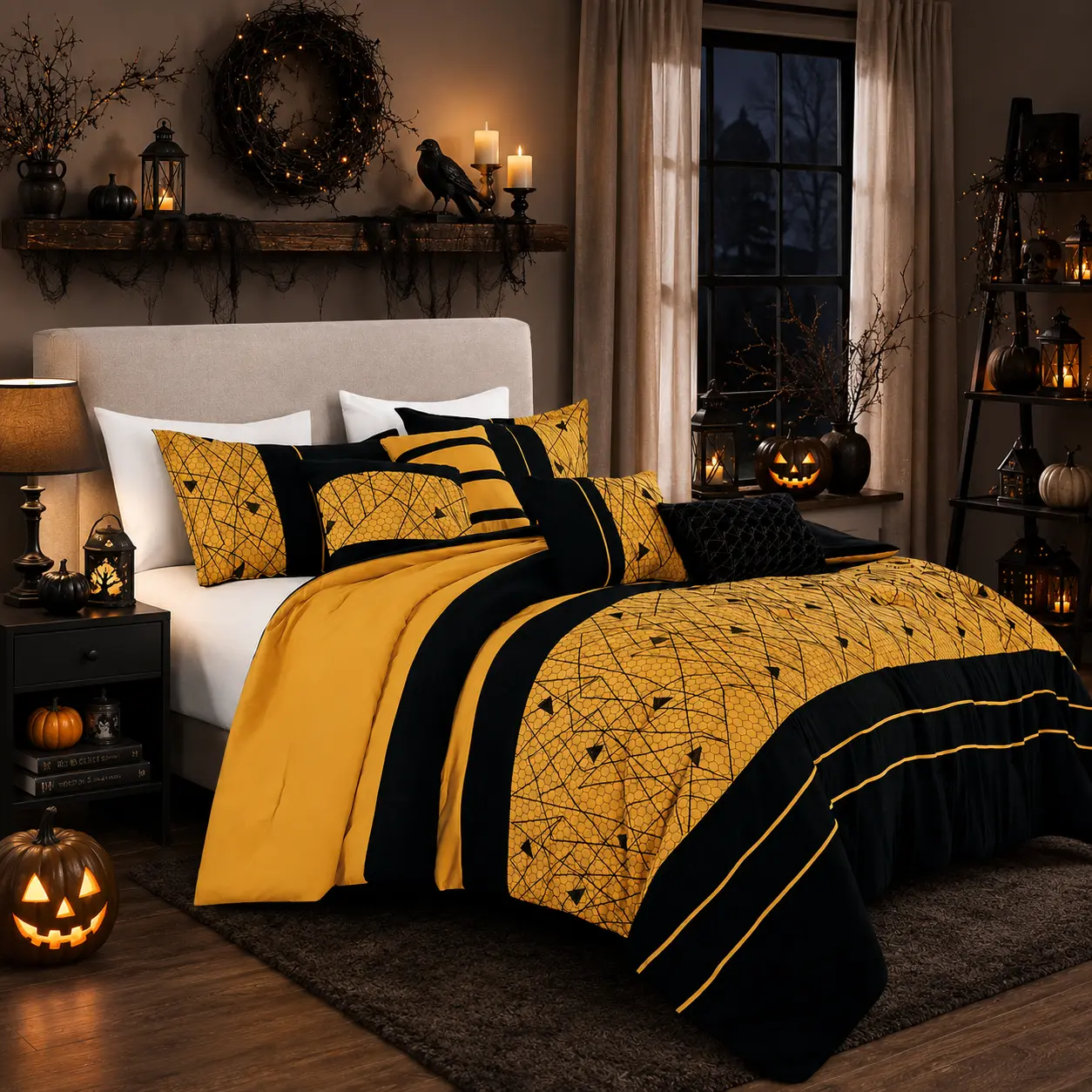 Halloween Bedding Decor, Black & Gold 7-Piece Comforter Set, Luxury Geometric Bed Set with Decorative Pillows, Fall Bedroom Decor