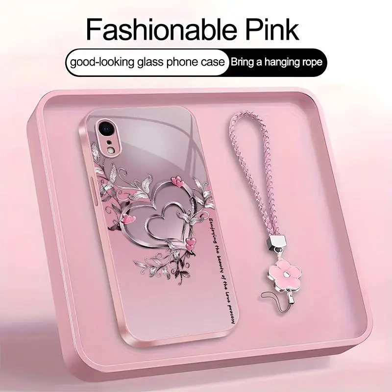 Suitable for [iPhone Xr] high-end phone case，a beautiful four-leaf clover lanyard is included,Premium heart pattern,a variety of colors are available for you to choose from YM99