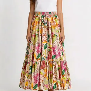 Floral Print Ruffle Hem Skirt - Ruched Slit Decorative Button 95% Polyester 5% Elastane Machine Wash Cold Tumble Dry Low