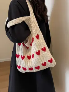 Heart Pattern Colorblock Crochet Handbag, Fashionable Patterned Bag, Large Capacity Fashion Beach Bag, Multifunctional Commuter Bag, Perfect Valentine's Gift
