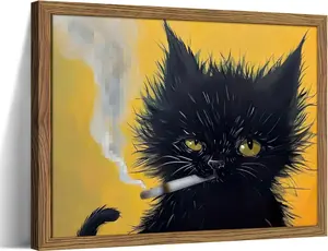 Home Decor Spirit Vintage Black Cat Wall Art, Black Cat Painting Portrait Wall Decor, Mens Room Canvas Print Poster, Cool Animals Picture Art for Bathroom Decor 12x18 inch UNFRAMED