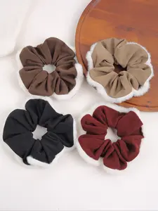 4pcs Autumn Winter Vintage Corduroy Faux Fur Hair Ties, Scrunchie, Elegant Versatile Ponytail Holder, Suitable for Thick Hair, Back of Head Styling Accessories