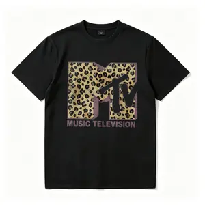 MTV logo T-shirt, washed T-shirt, women's MTV classic leopard print bold logo T-shirt, retro 80s and 90s style MTV T-shirt, Disneyland family parent-child T-shirt