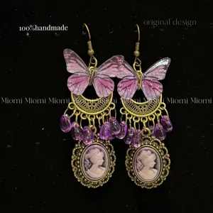 Vintage elegant Victorian Enamel Maiden Statue embossed amethyst butterfly earrings vintage earrings women's gift