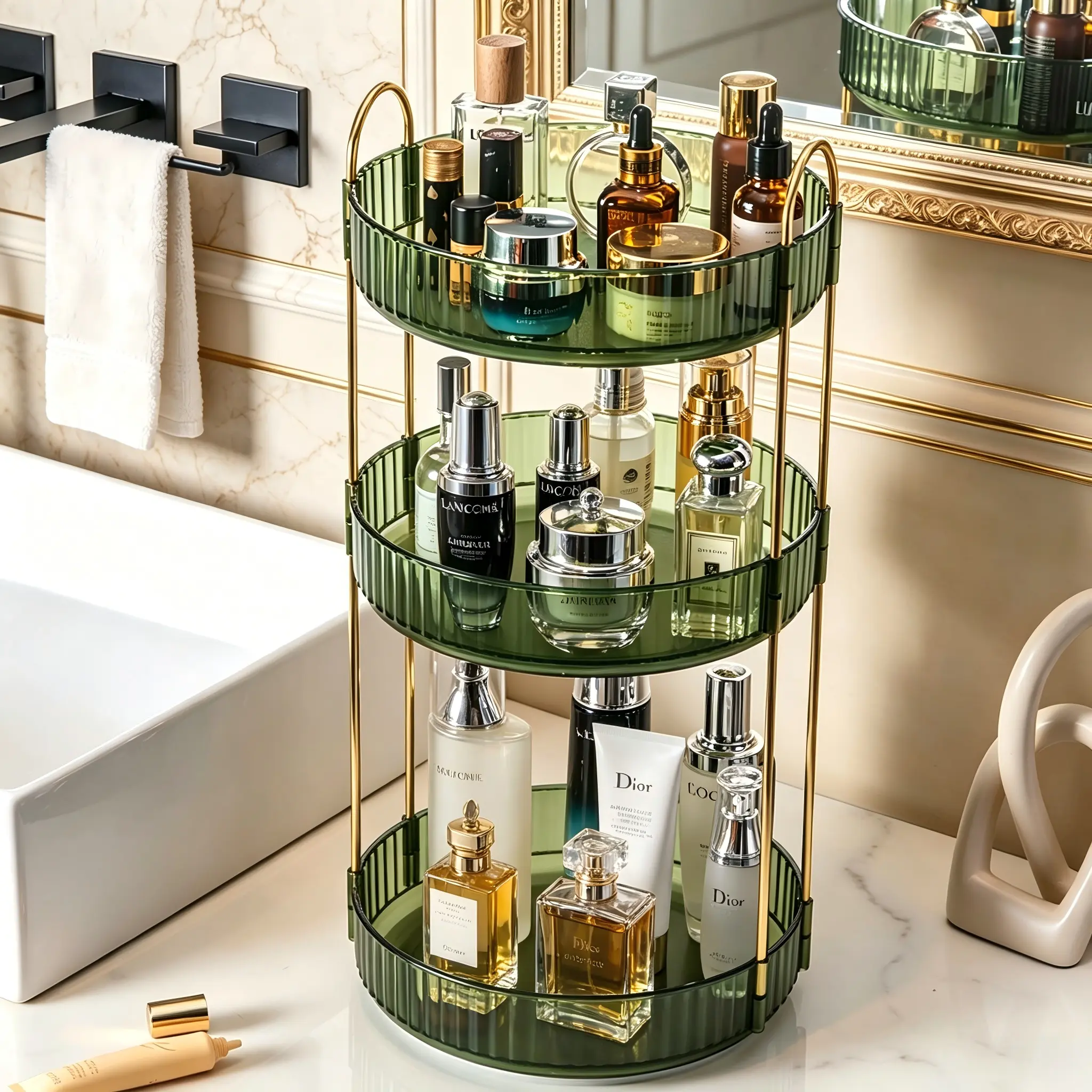 360° Rotating Makeup Organizer, 3-Tier Large Capacity Cosmetic Storage Shelf, Light Luxury Acrylic Bathroom Organizer with Metal Frame, Multi-Lazy Susan Turntable for Vanity, Bedroom & Kitchen