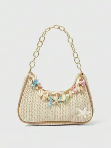 1 Pc Summer seaside starfish and shell series woven one-shoulder handbag, vacation style beach bag, underarm bag, women's vacation style summer straw bag (random pendant color and style)