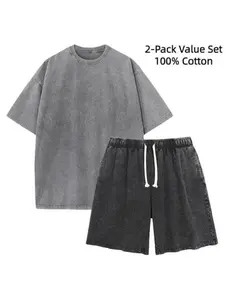 Men's 2-Pack Vintage Acid Washed Pink 100% Cotton Clothing Set, Oversized Crew Neck Blank T-Shirt & Elastic Drawstring Waist Knee-Length Shorts, Soft Breathable Unisex Loungewear for DIY Custom Printing
