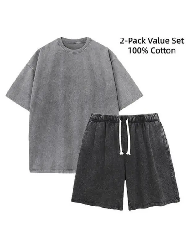Men's 2-Pack Vintage Acid Washed Pink 100% Cotton Clothing Set, Oversized Crew Neck Blank T-Shirt & Elastic Drawstring Waist Knee-Length Shorts, Soft Breathable Unisex Loungewear for DIY Custom Printing