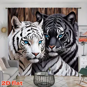 2D Flat 2Pcs Majestic White Black Tiger Head Print Curtains, Vibrant Blue Eyes Window Drapes, Semi Sunshade Polyester Fiber Panels for Living Room, Bedroom, Balcony, Kitchen, Study Decor, Anti Privacy,, Christmas Gift