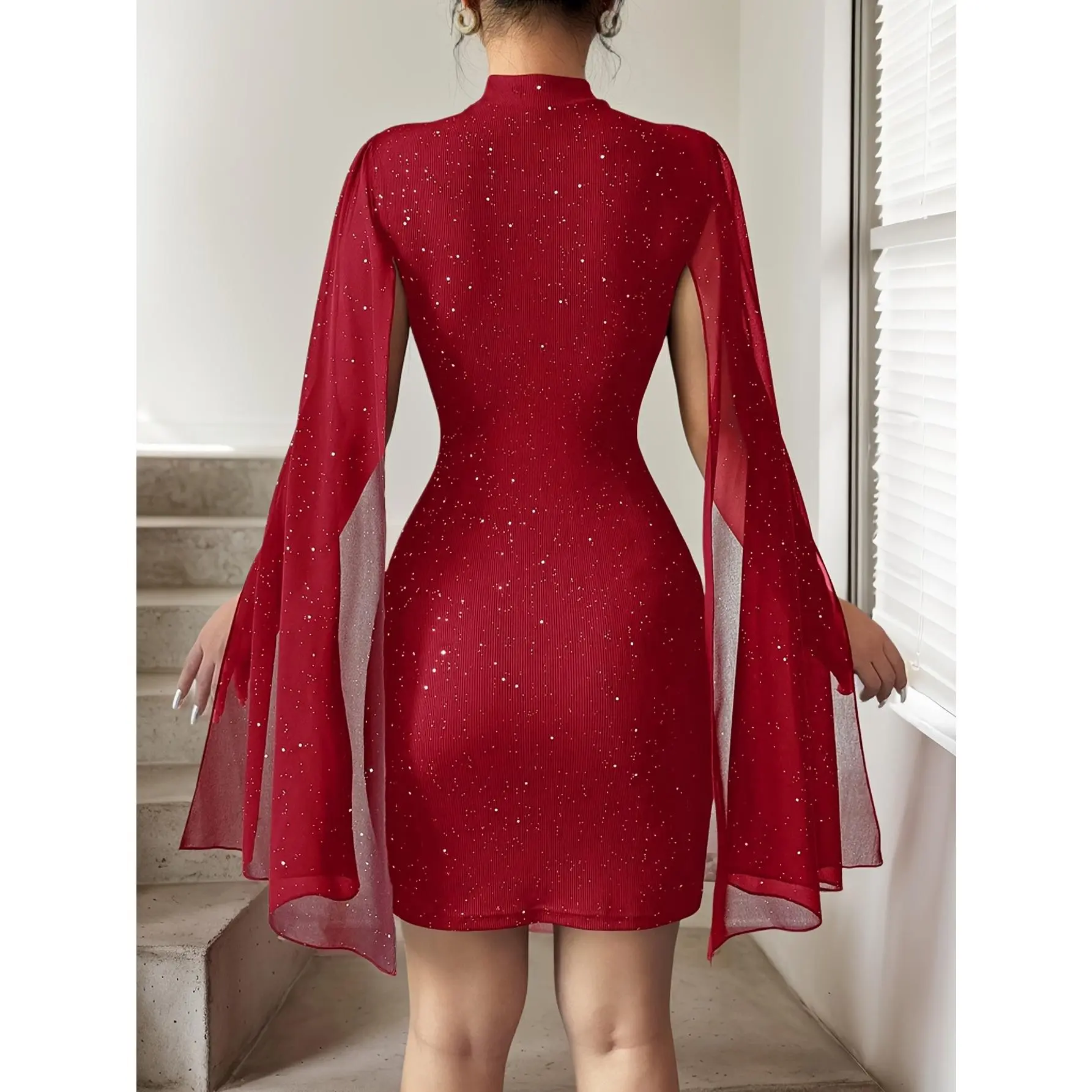 Women's Solid Long-Sleeve Sports Knit Dress - High Neck, Red Glitter Sheer Polyester Fabric, Fitted Chic Flowy Hem, Casual Wear Clothes for Spring/Fall - TikTok Shop Women's Solid Long-Sleeve Sports Knit Dress - High Neck, Red Glitter Sheer Polyester Fabric, Fitted Chic Flowy Hem, Casual Wear Clothes for Spring/Fall - TikTok Shop