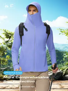 Men's Ice Silk Hooded Sun Protection Zip Front Jacket, Full Face UV Shield, Breathable Quick-Dry, Outdoor Hiking Climbing Running Cycling Sports Coat, Sporty Breathable Outerwear