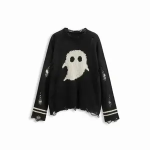Cider  Knit Ghost Pattern Stripe Ripped Oversized Top