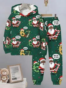 Boys Fashion Christmas 3D Print Hoodie Set, Long Sleeve Sports Wear, Casual Fitted Sweatpants, Fall Winter Outdoor Clothing