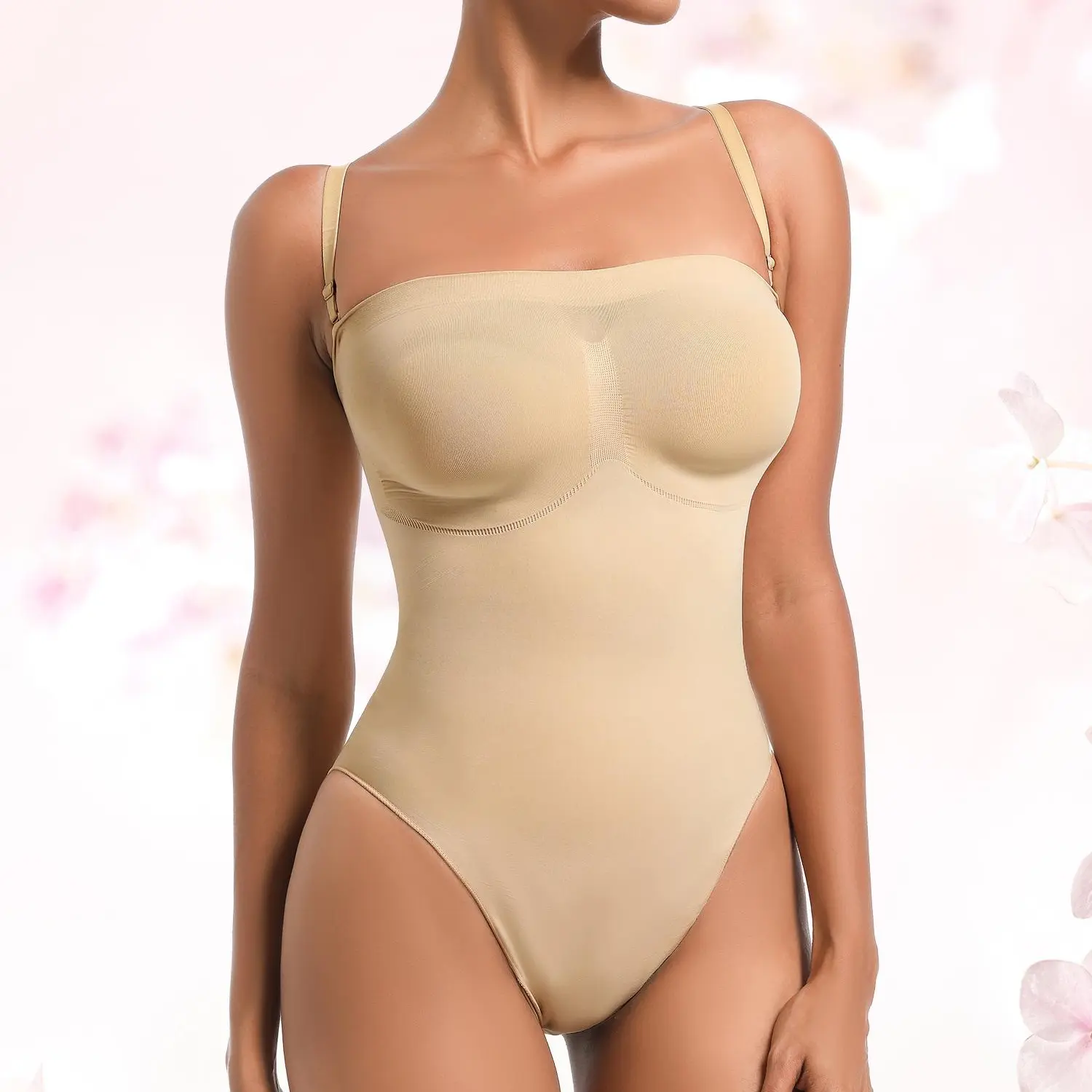 Strapless Shortie Bodysuit Shapewear Tummy Control Body Shaper with Removable Straps Waist Trainer Corset Compression Fabric Casual Silky Waisted overalls outfit Womenswear Basic  Plus Size Tummy Control Bodysuit
