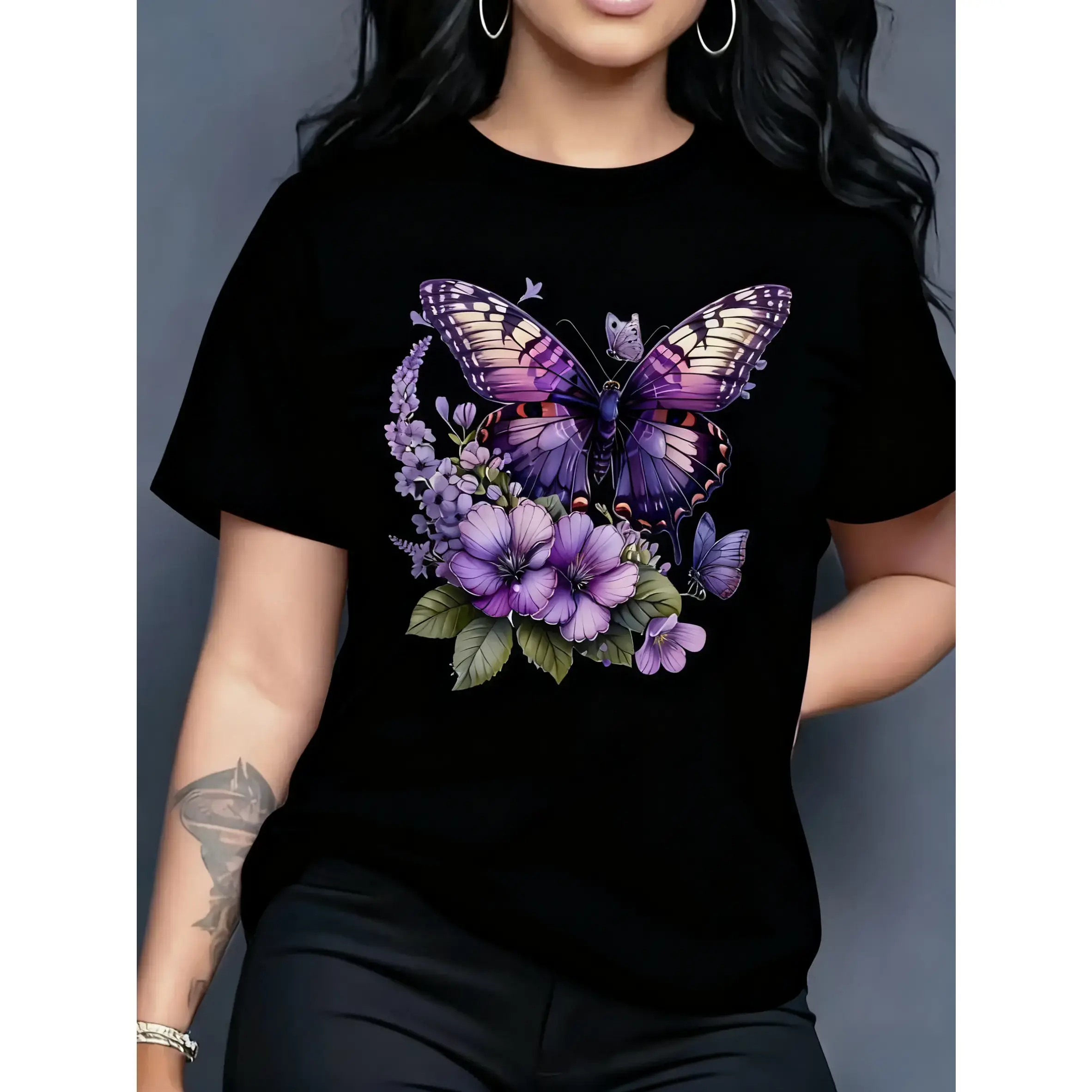Women's 100% Cotton Short Sleeve Round Neck Tshirt - Turquoise Blue Butterflies & Lilac Floral Print, Lightweight, Machine Washable, Comfortable for All Seasons, Suitable for Daily Wear/Garden Parties, Multiple Colors Available, Women's Clothes Base Shirt