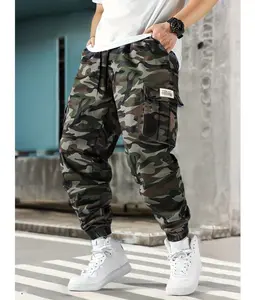 Large men's camouflage workwear, ankle tied casual pants Multi pocket drawstring elastic waistband loose fit work pants Outdoor military style plus camouflage work pants