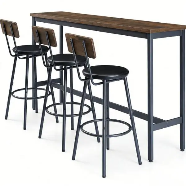 Bellemave Cafe Bar Table and Chairs Set - 4-Piece MDF-Metal Rustic Brown Industrial Rectangle Set, 3 PU Upholstered Bar Stools, 66.14x23.23x5.71 Inches Compact Indoor Furniture, Comfortable & Premium, Assembly Required for Small Space Kitchen