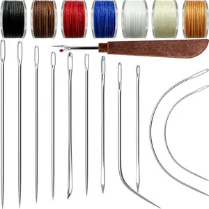 Heavy Duty Sewing Needles (11 PCS) & Waxed Thread (7 Colors) - Upholstery Repair Kit for Leather, Canvas, Quilting & More
