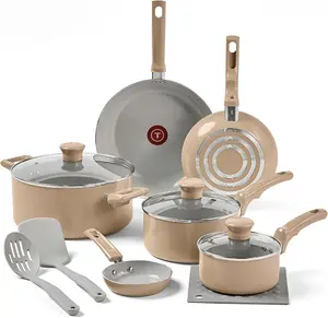 T-Fal Refresh Ceramic Nonstick Cookware Set, 12-Piece, Oven Safe to 350°F, Includes Stockpot, Griddle, Frying Pans, Utensils, Ceramic Pots and Pans Set, Sand Beige