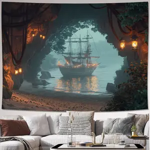 Mysterious Pirate Cave Background Cloth, Polyester Fiber Banner for Living Room Bedroom Office Party Decor, No Power Needed