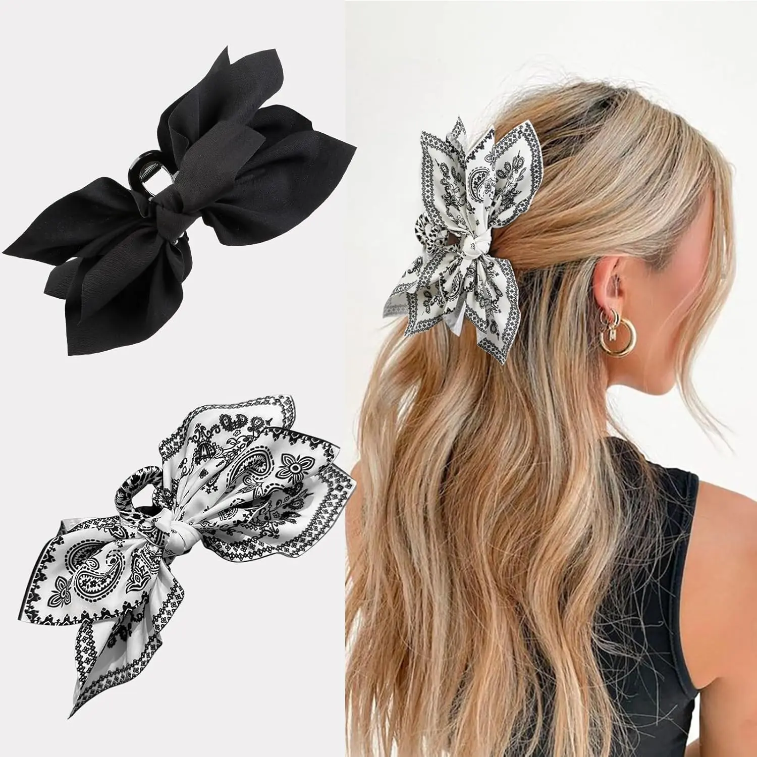 Boho Bandana Hair Claw Clips for Women, 2 count  Claw Clips for Thick Hair Paisley Hair Clip Bow Knot Adorable Hair Claws Non-slip Fashion Hair Accessories  for Women Teen Girls