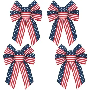 4pcs Patriotic Bow for Wreath American Flag Stars Wreath Bow for Front Door Decor Red White Blue Stripe Tree Topper Ornament Decorative Bow for 4th of July Home Outdoor Indoor Party