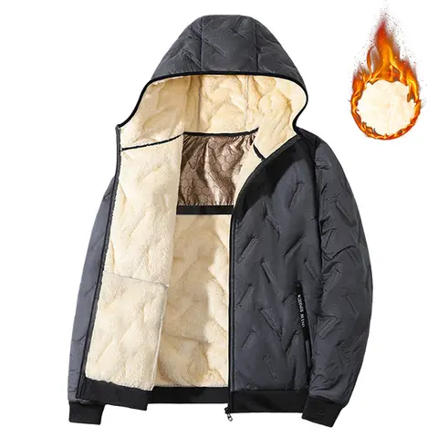Men's Fitted Hooded Jacket - Thick Cotton Woven Quilted Outer Layer, Down Insulation, Fleece Lining, Full-Zip Closure, Warm Casual Autumn-Winter Everyday Outerwear