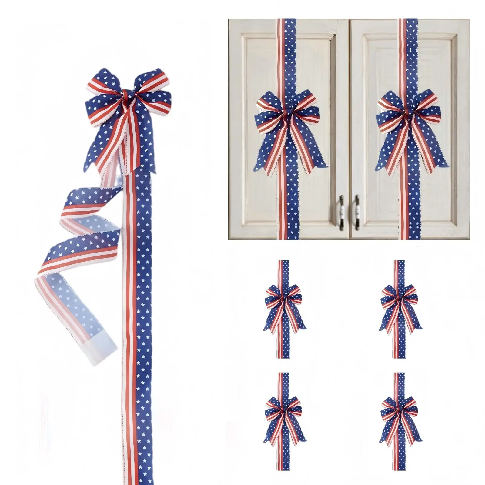 79x2.4 In Polyester Fiber Festive Wreath with Red White Blue Star, Fringe, Large Bow - 3D Appearance, No Batteries Needed, Holiday Home Decoration for Independence Day & Memorial Day