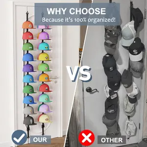 Hat Rack for Door, Hat Organizer for Baseball Caps, Over the Door Hat Storage Organizer - Holds 20-40 Caps, Black, 2 Straps