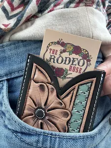 Front Pocket Hand Tooled Leather Wallet with a Flower and Southwest Bar