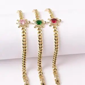 14K Gold Plated Turtle Cuban Bracelet 6" + 2" Extension with Colorful Stones Ocean-Inspired Style Adjustable Fit Pink Green Red Variants