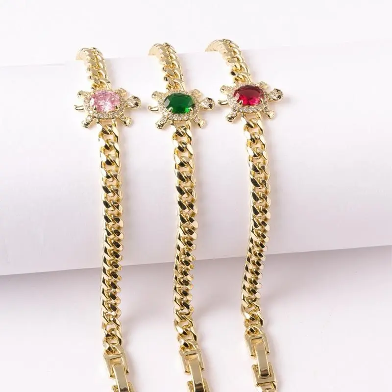 14K Gold Plated Turtle Cuban Bracelet 6" + 2" Extension with Colorful Stones Ocean-Inspired Style Adjustable Fit Pink Green Red Variants