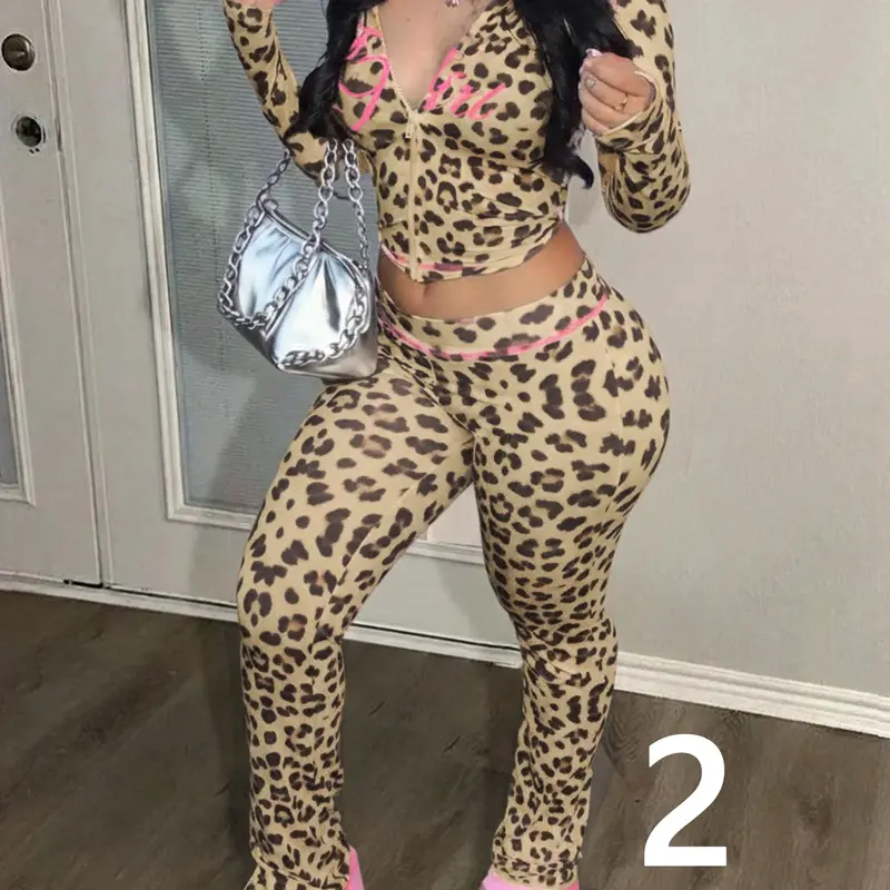 Women's Letter & Leopard Print Zipper Long Sleeve Jacket and Flared Bell Bottoms, Soft Knit Y2K Streetwear Casual Matching Outfit Set, Matching Style Set