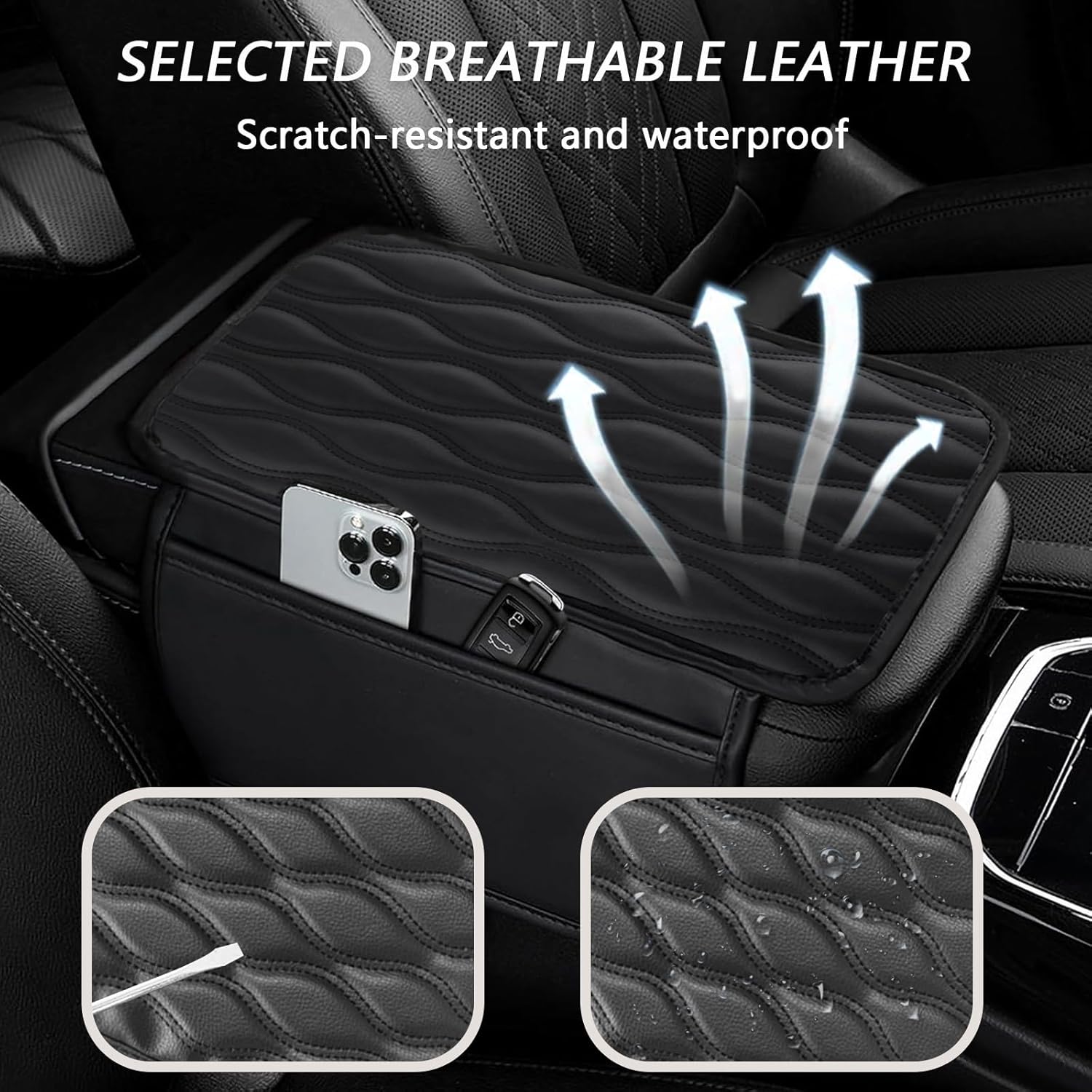 Huli Upgraded Car Center Console Cover, Microfiber Leather Car Armrest Cover Cushion with 2 Storage Bags for Car Organizers and Storage, Universal Car Interior Accessories for Most Vehicles (Black)