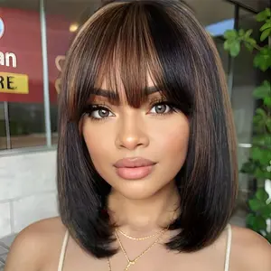 New Fashion 3x1 Highlight Brown Short Straight Bob Wig with Bangs - Brazilian Remy Human Hair, Glueless Topline Lace Front, 180% Density Rose Net Cap for Women, Natural Look & Versatile Styling, Hair Wig